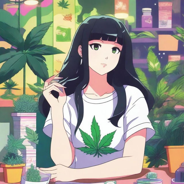 An anime-style illustration of a girl with black hair and a curvy figure, part of a team promoting a weed theme