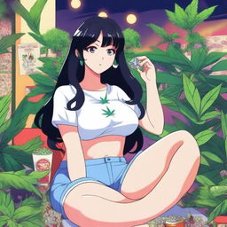 An anime-style illustration of a girl with black hair and a curvy figure, part of a team promoting a weed theme