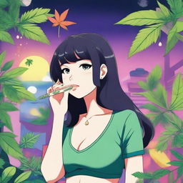 An anime-style illustration of a girl with black hair and a curvy figure, part of a team promoting a weed theme