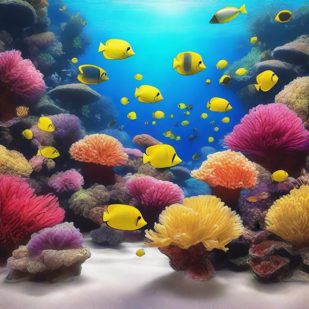 A stunning underwater coral reef scene with vibrant colors and diverse marine life, perfect for an aquarium poster