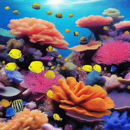 A stunning underwater coral reef scene with vibrant colors and diverse marine life, perfect for an aquarium poster