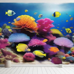 A stunning underwater coral reef scene with vibrant colors and diverse marine life, perfect for an aquarium poster