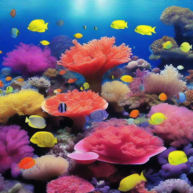 A stunning underwater coral reef scene with vibrant colors and diverse marine life, perfect for an aquarium poster