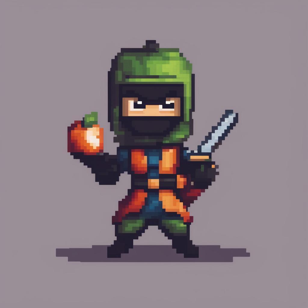 Pixel art character concept of an apple-headed ninja in a minimalistic style, with no background.