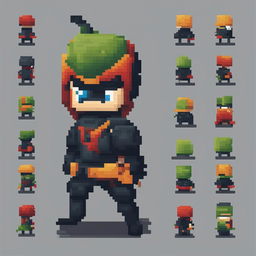 Pixel art character concept of an apple-headed ninja in a minimalistic style, with no background.