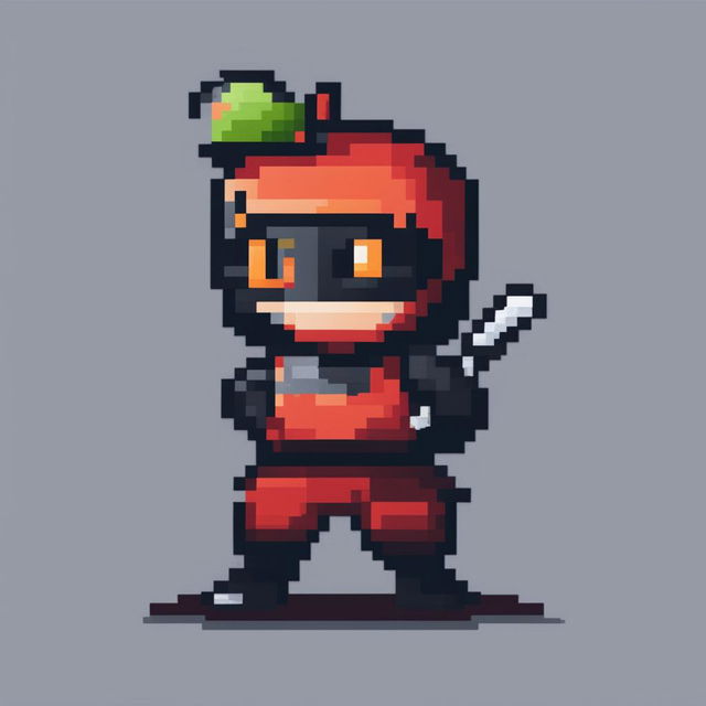 Pixel art character concept of an apple-headed ninja in a minimalistic style, with no background.