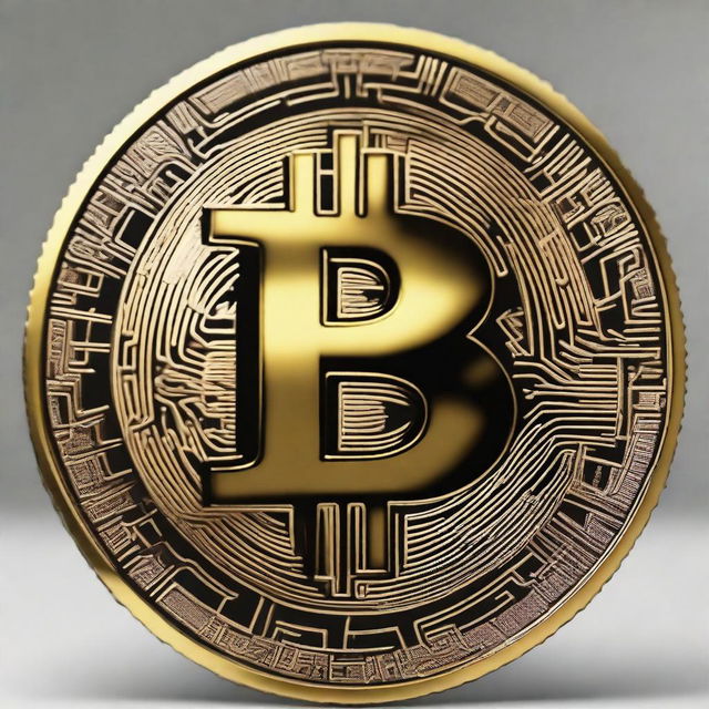 A detailed, zoomed-in image of a Bitcoin coin, showcasing its intricate design and gold color