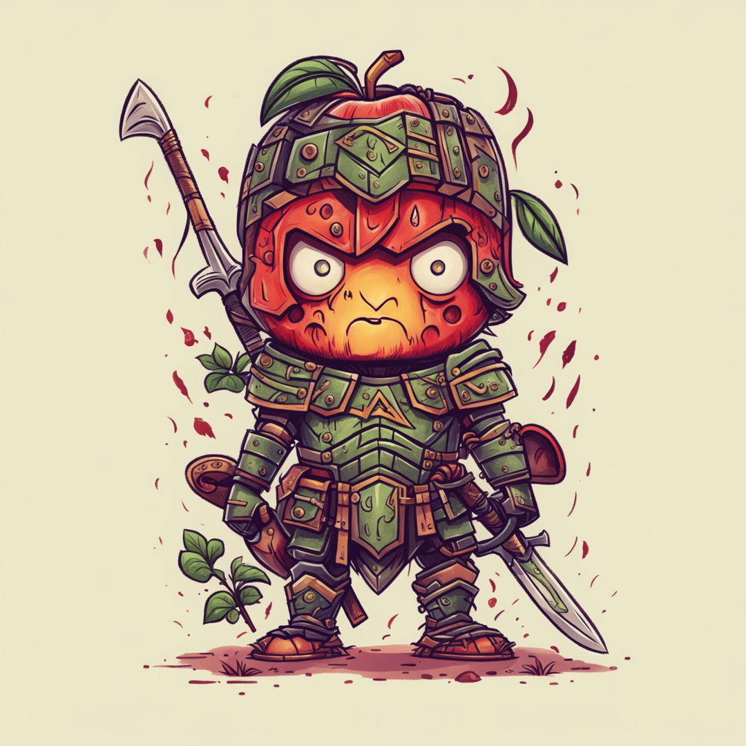 Hand-drawn character concept of a 2D apple dressed as a warrior, with a fierce expression, natural armor, a wooden sword, and a leaf shield, set in a simple forest background