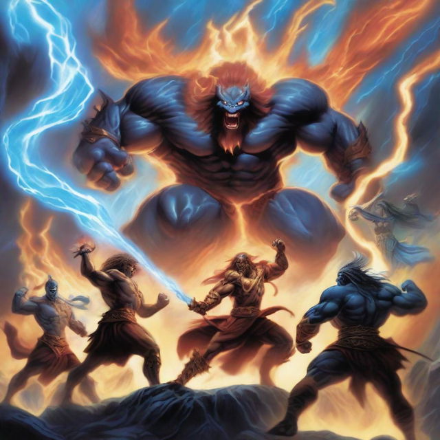 A dynamic scene featuring five elemental warriors, each representing fire, water, earth, air, and lightning, battling a colossal evil monster in a mystical landscape