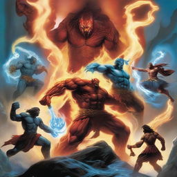 A dynamic scene featuring five elemental warriors, each representing fire, water, earth, air, and lightning, battling a colossal evil monster in a mystical landscape