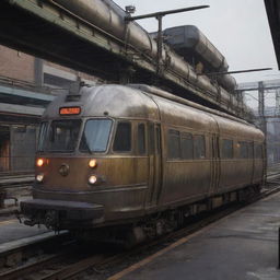 A monorail reworked in gaspunk fashion, featuring tarnished metal carriages, gas-lamp lighting, and a rugged, dystopian aesthetic that harmonizes with the elevated gaspipe-inspired rail system.