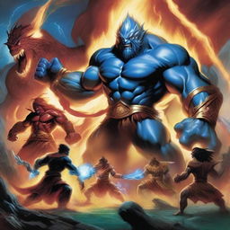 A dynamic scene featuring five elemental warriors, each representing fire, water, earth, air, and lightning, battling a colossal evil monster in a mystical landscape