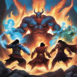 A dynamic scene featuring five elemental warriors, each representing fire, water, earth, air, and lightning, battling a colossal evil monster in a mystical landscape