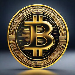 A shiny, gold-colored Bitcoin coin with intricate details, reflecting light as it stands out against a clean, dark background