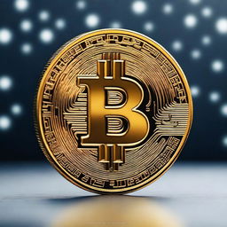 A shiny, gold-colored Bitcoin coin with intricate details, reflecting light as it stands out against a clean, dark background