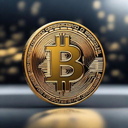 A shiny, gold-colored Bitcoin coin with intricate details, reflecting light as it stands out against a clean, dark background