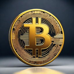 A shiny, gold-colored Bitcoin coin with intricate details, reflecting light as it stands out against a clean, dark background