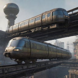 A monorail reworked in gaspunk fashion, featuring tarnished metal carriages, gas-lamp lighting, and a rugged, dystopian aesthetic that harmonizes with the elevated gaspipe-inspired rail system.