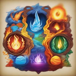 A visually striking representation of the five elements: fire, water, earth, air, and lightning