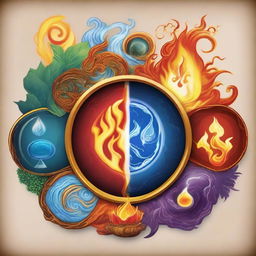 A visually striking representation of the five elements: fire, water, earth, air, and lightning