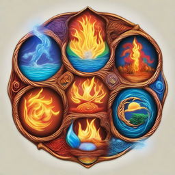 A visually striking representation of the five elements: fire, water, earth, air, and lightning