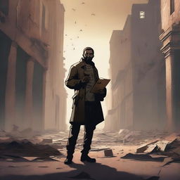 An unemployed person holding a brown envelope, standing in a post-apocalyptic world filled with zombies