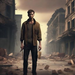 An unemployed person holding a brown envelope, standing in a post-apocalyptic world filled with zombies