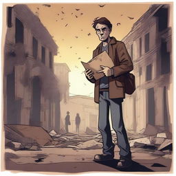 An unemployed person holding a brown envelope, standing in a post-apocalyptic world filled with zombies