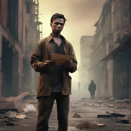 An unemployed person holding a brown envelope, standing in a post-apocalyptic world filled with zombies