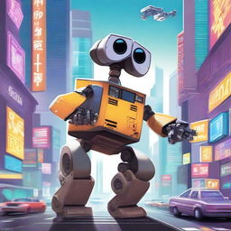 A detailed illustration of a robot similar to WALL-E exploring a futuristic city