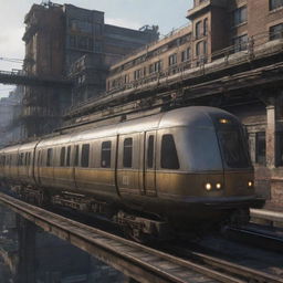 A monorail reworked in gaspunk fashion, featuring tarnished metal carriages, gas-lamp lighting, and a rugged, dystopian aesthetic that harmonizes with the elevated gaspipe-inspired rail system.