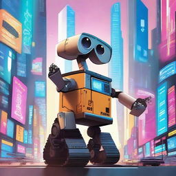 A detailed illustration of a robot similar to WALL-E exploring a futuristic city