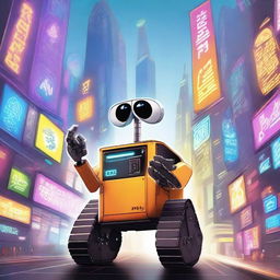 A detailed illustration of a robot similar to WALL-E exploring a futuristic city