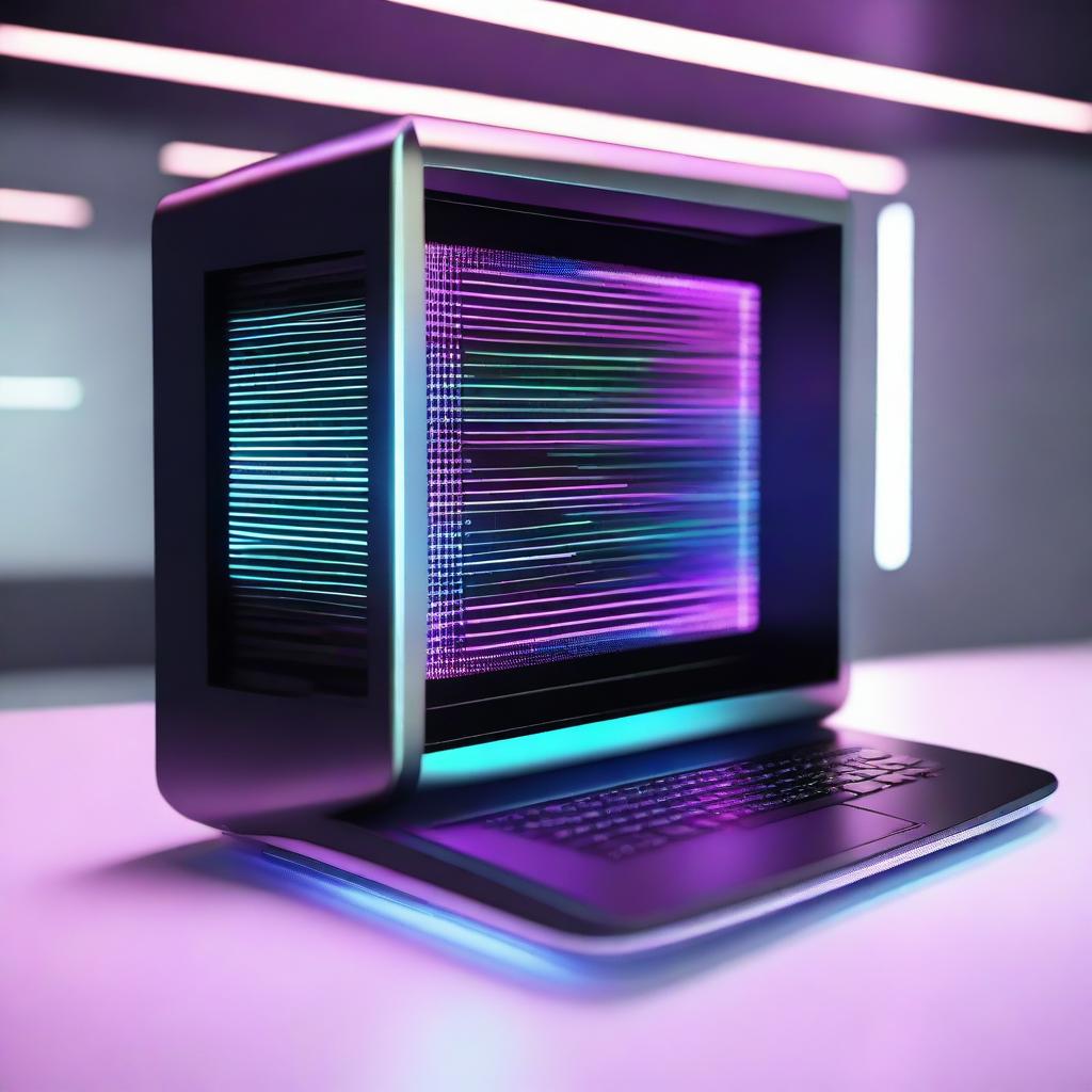 A highly advanced futuristic computer with sleek, modern design, holographic display, and touch interface