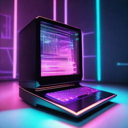 A highly advanced futuristic computer with sleek, modern design, holographic display, and touch interface