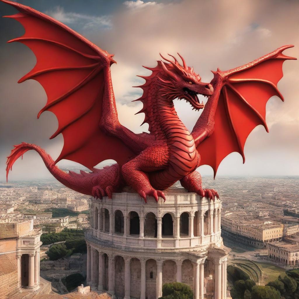 A majestic Chinese red dragon soaring through the skies over the ancient city of Rome