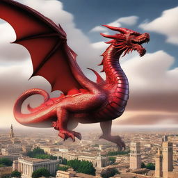 A majestic Chinese red dragon soaring through the skies over the ancient city of Rome