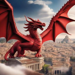 A majestic Chinese red dragon soaring through the skies over the ancient city of Rome