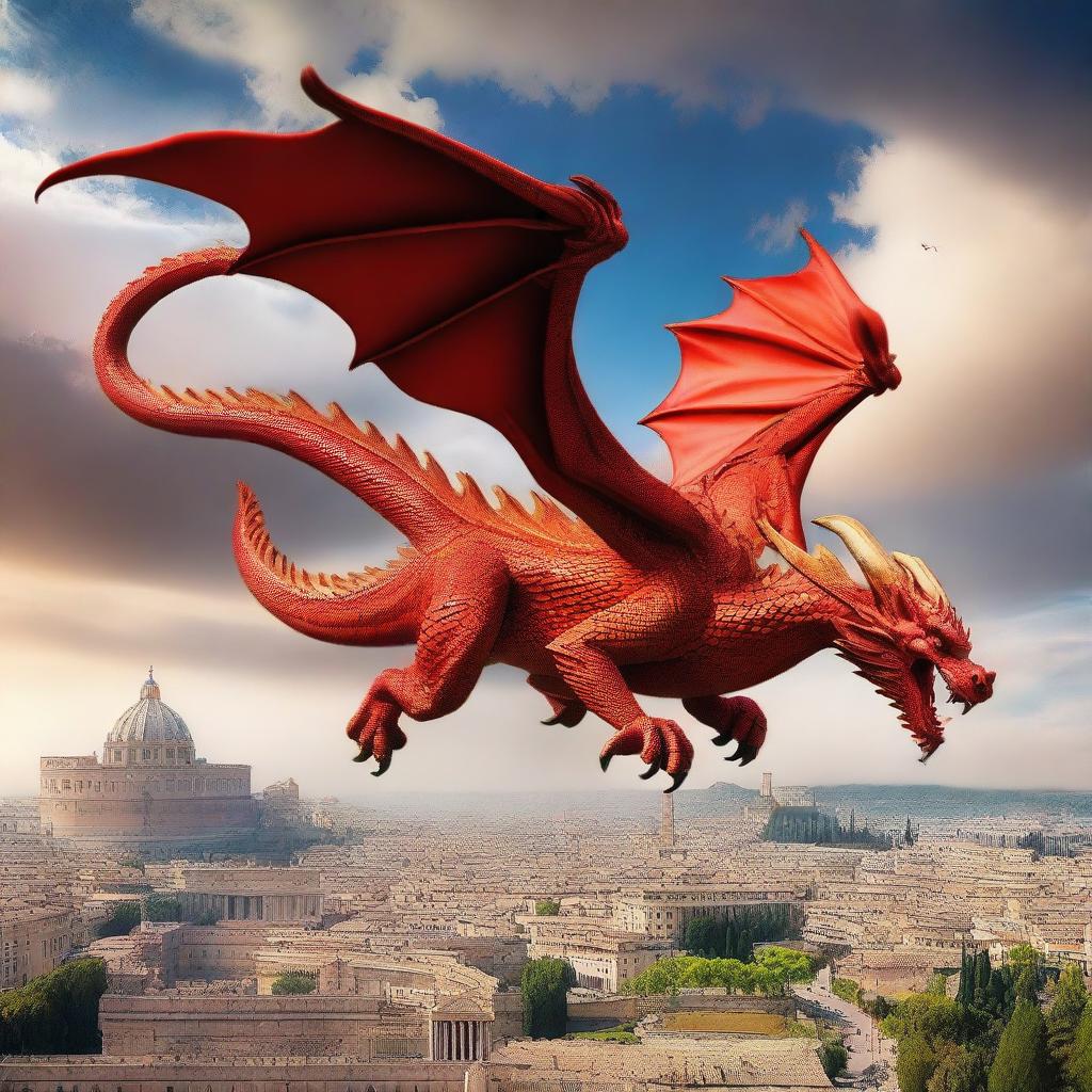 A majestic Chinese red dragon soaring through the skies over the ancient city of Rome