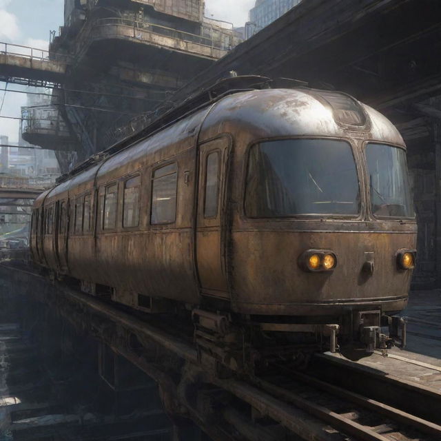 A monorail reworked in gaspunk fashion, featuring tarnished metal carriages, gas-lamp lighting, and a rugged, dystopian aesthetic that harmonizes with the elevated gaspipe-inspired rail system.