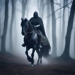 A mysterious warrior rides a black horse through a misty, dark forest