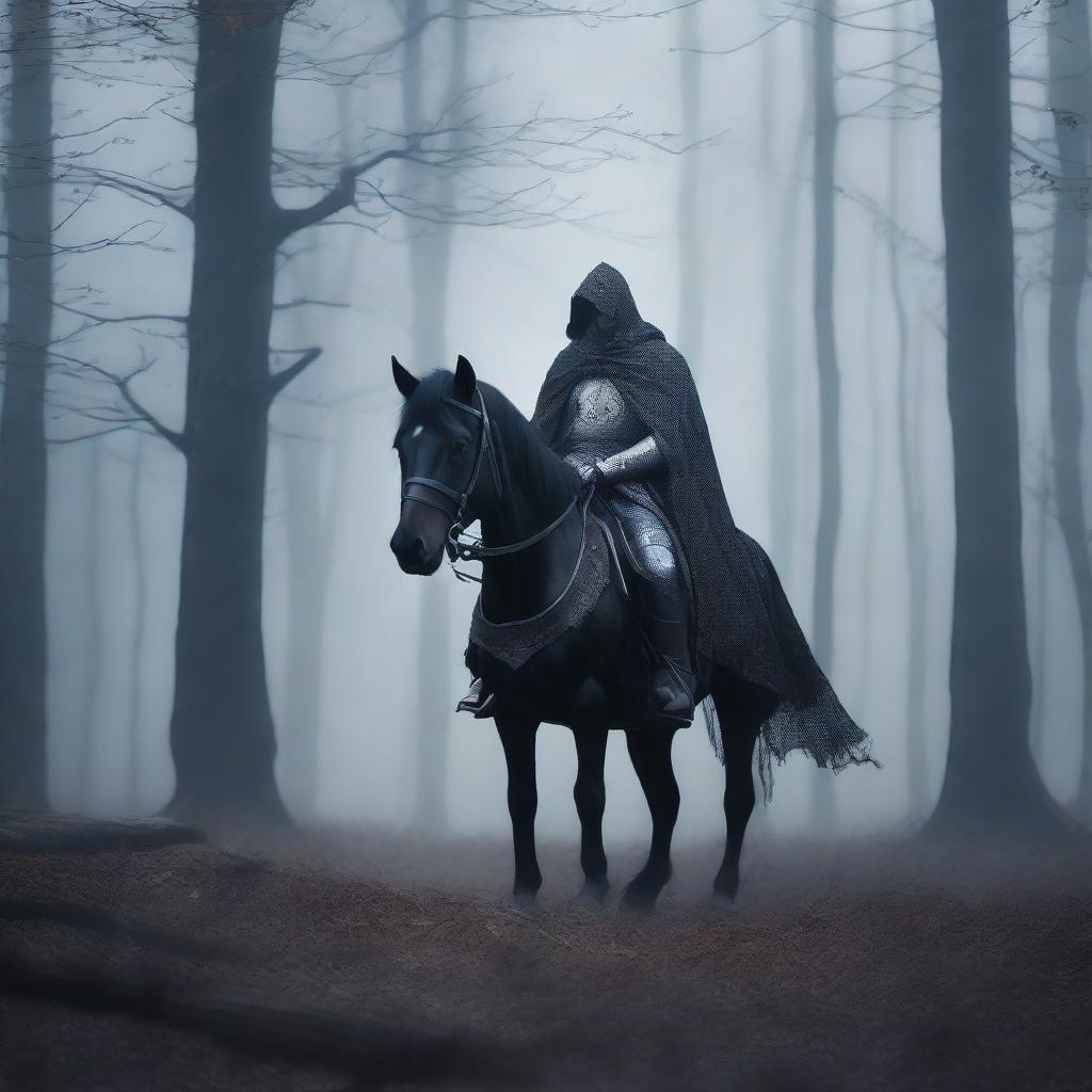 A mysterious warrior rides a black horse through a misty, dark forest