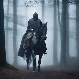 A mysterious warrior rides a black horse through a misty, dark forest