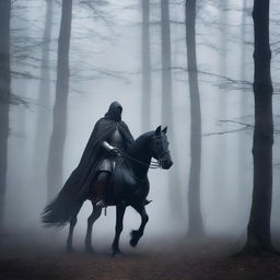 A mysterious warrior rides a black horse through a misty, dark forest