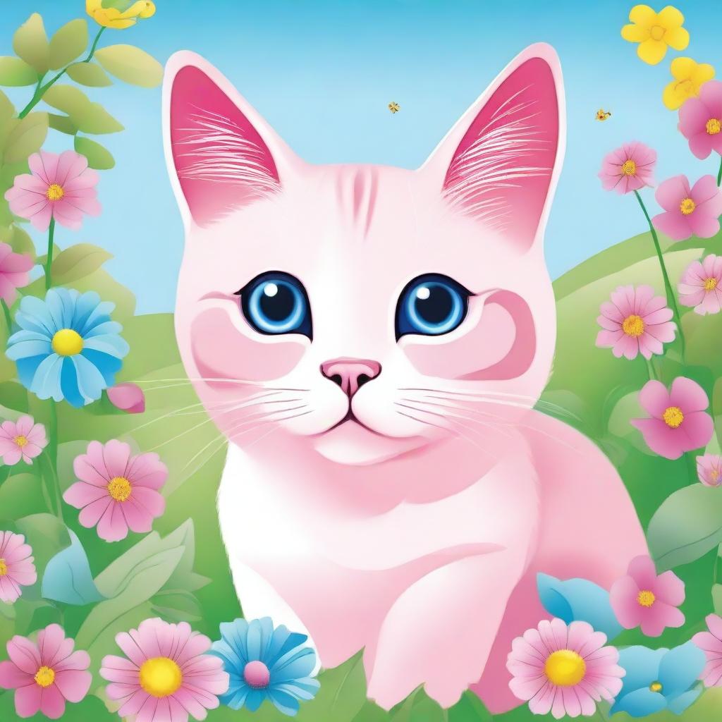 A detailed illustration of a cute pink cat sitting in a garden full of colorful flowers