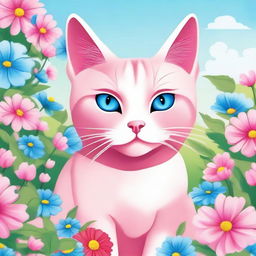 A detailed illustration of a cute pink cat sitting in a garden full of colorful flowers