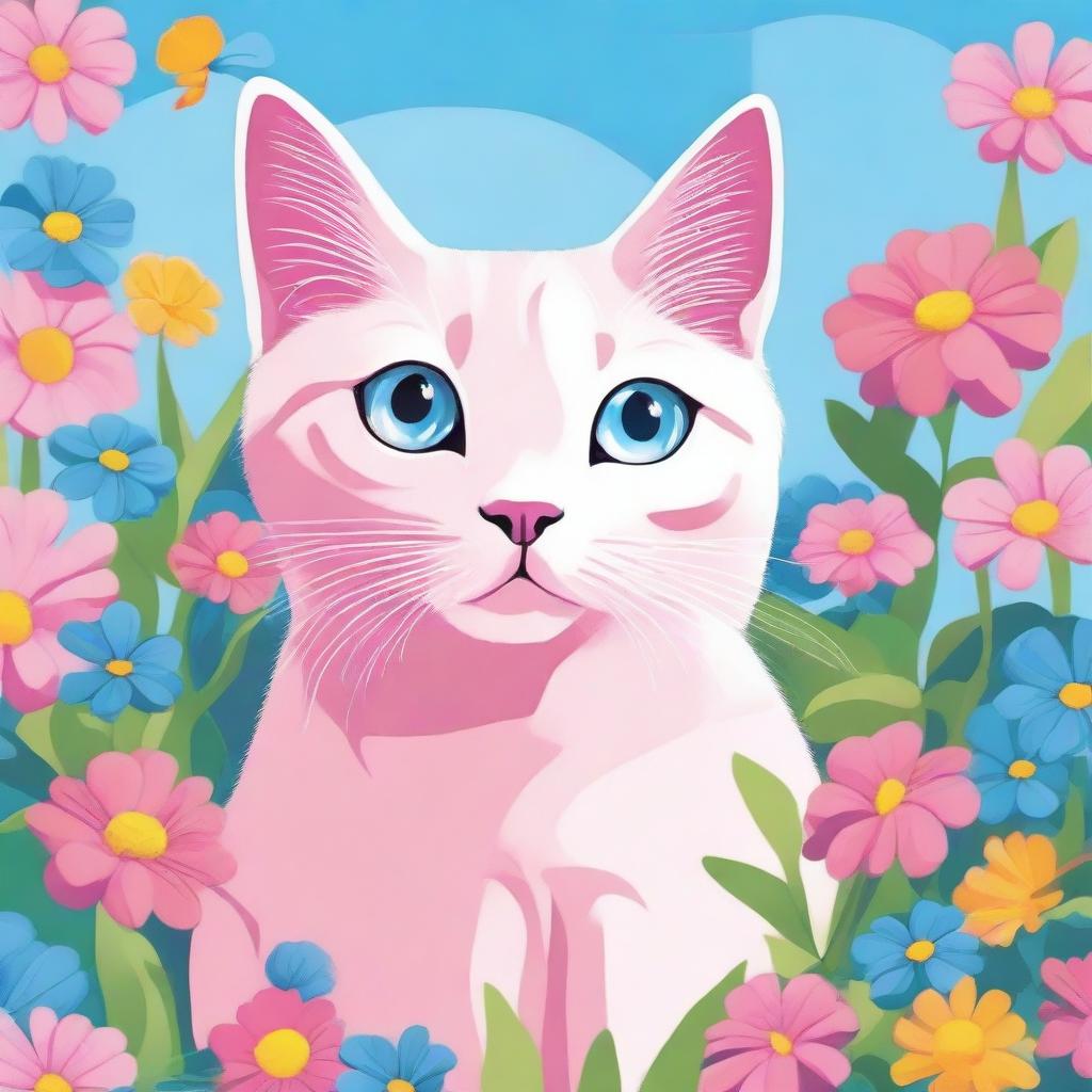 A detailed illustration of a cute pink cat sitting in a garden full of colorful flowers