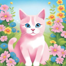 A detailed illustration of a cute pink cat sitting in a garden full of colorful flowers