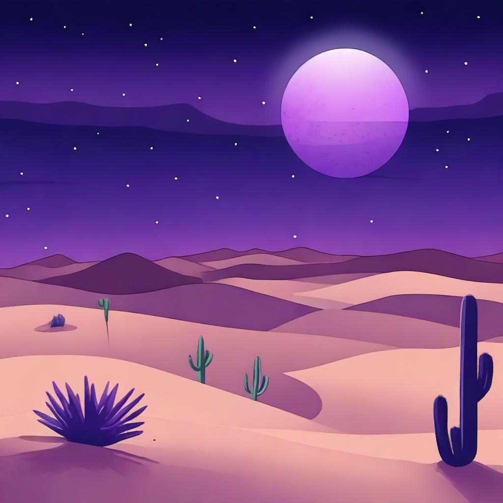 A vast desert landscape under a night sky with a big purple moon