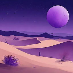 A vast desert landscape under a night sky with a big purple moon